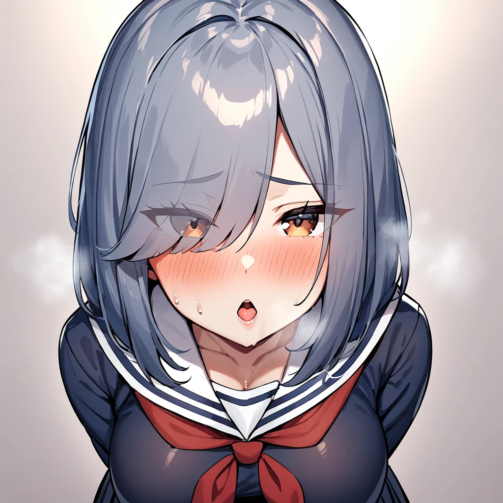 1girl,Solofocus,pov,open mouth,lips,serafuku:1.5),red neckerchief,white blouse,pleated skirt,dark blue blouse,sexually suggestive,(Cleavage:1), Leaning forward(cowboyshot:1.5),(in heat:1.5),(Breasts),(heavy breathing:1.5),(Legs_apart),(shiny_skin),(eyes visible through hair:1.5),very sweaty,dark blue hair,(brown eyes),hair over eye,blush,(Heavy Breathing:1.3),(Steaming body:1),(straight-on),(light skin:1.5),masterpiece,best quality,very aesthetic,absurdres,medium hair,straight hair,(female:1),(curvy:1),(Face focus),(incoming kiss)