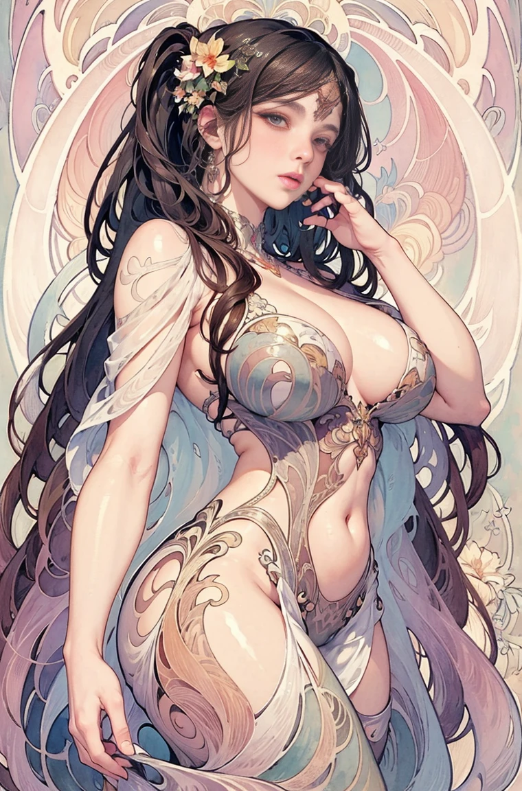 ((masterpiece)), (best quality), (cinematic),  art nouveau, (watercolor painting), the Goddess of Venus, large breasts, big eyes, long thick eyelashes, cleavage, full lips, long thick hair,  high ponytail, accessories, featuring intricate designs and patterns in the style of Alphonse Mucha.