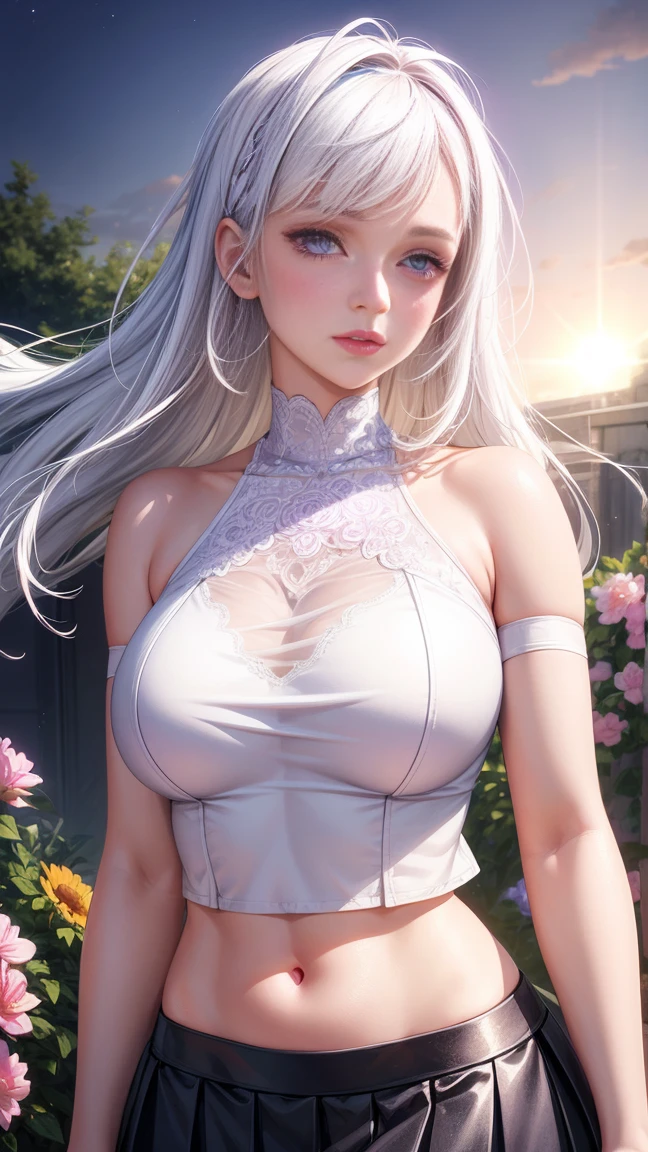 realistic, 1girl, white hair, purple eyes, glowing eyes, bare shoulder, crop top, skirt, parted lips, blush, night, flowers, sun, sunlight, looking at viewer, detailed face, detailed eyes, detailed texture,