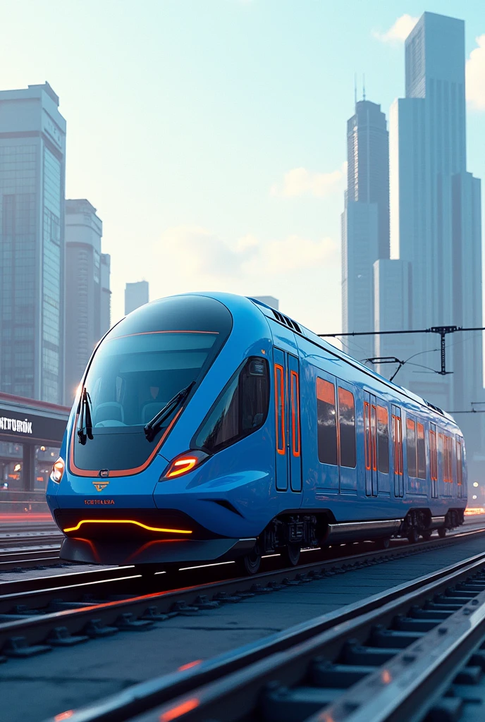 Modern Train with 6 wagons, colors are blue and orange, electric