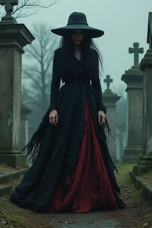 Pombagira Maria rag of souls, works in the cemetery. Wears a hat that covers his eyes, black and dark red rag skirt, long, disheveled black hair, lowered