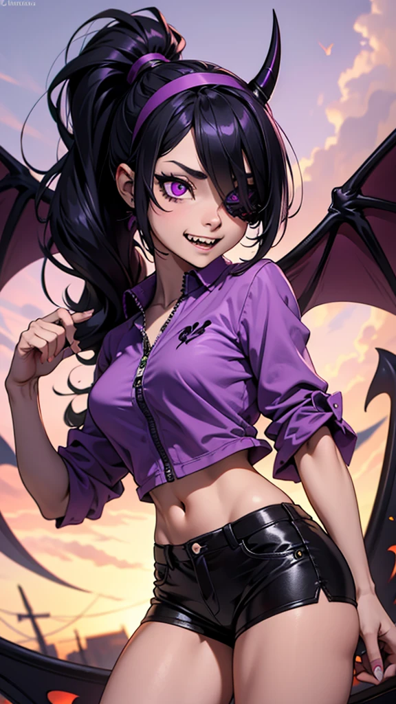 Rosto detalhado, long hair, 8k, hd, hdr, colettetrixie, sharp teeth, hair over one eye, hairband, demon horns, colored sclera, purple shirt, purple shorts, demon wings, 1girl, solo, (black hair), ponytail, (white pupils, pink eyes:.6), messy hair, short ponytail, (upper body:.6), peitos muito grandes