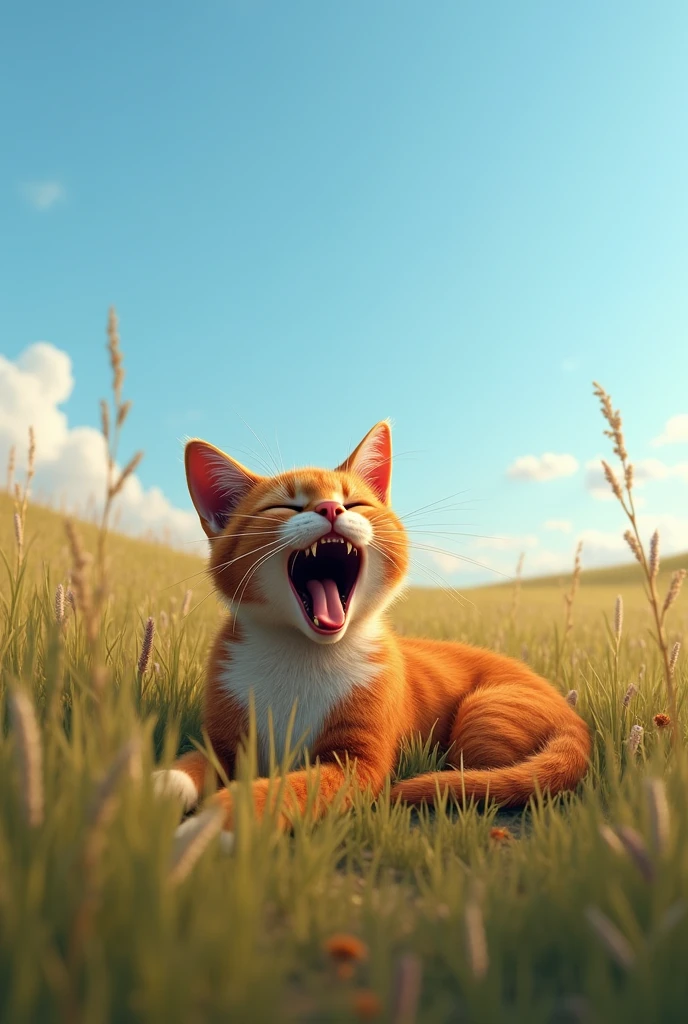 Rusty cat,in the vast grassland under the blue sky,a pleasant breeze is blowing,having a big yawn