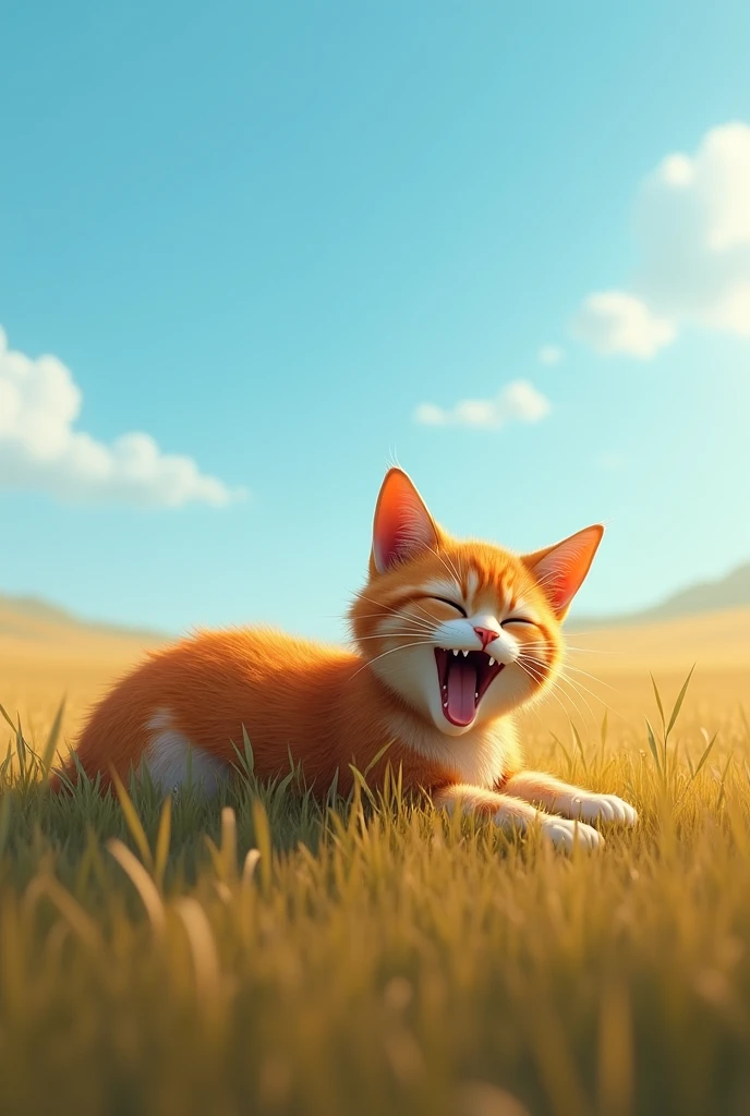 Rusty cat,in the vast grassland under the blue sky,a pleasant breeze is blowing,having a big yawn