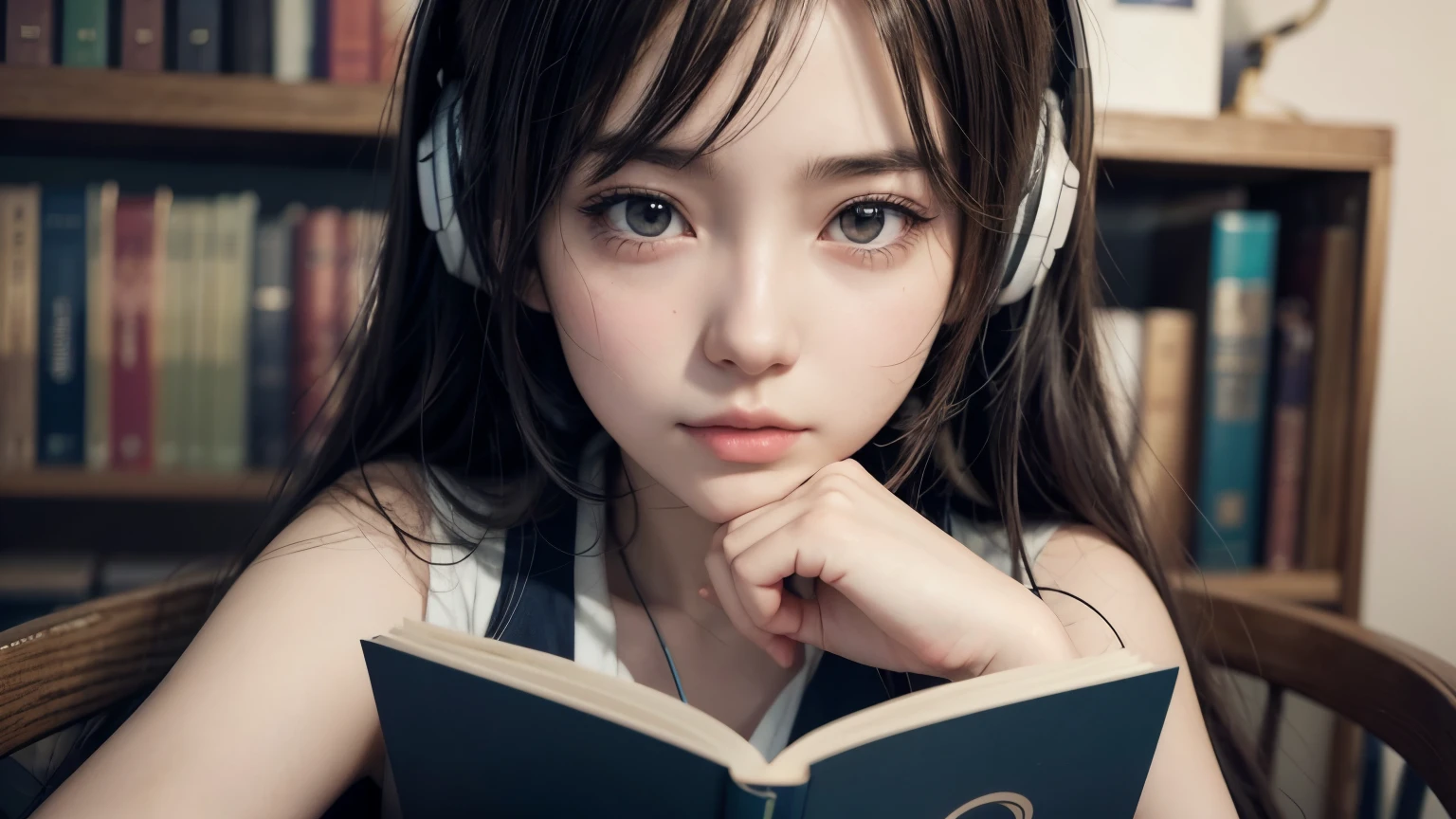 anime girl with headphones reading a book in a library, kawaii realistic portrait, non-style artwork by guweiz, detailed anime digital art, Anime digital illustration, , anime styling. 8k, cute portrait, anime portrait , detailed portrait of anime girl, portrait of a beautiful anime girl, stylized anime, 3d rendering of a cute anime girl