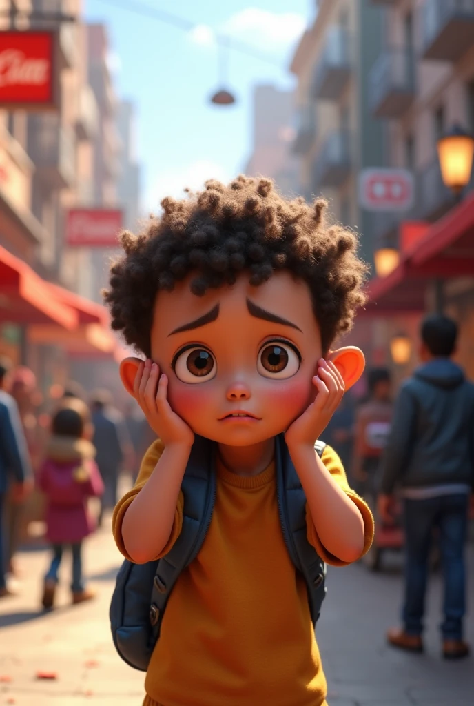 Cartoon Pixar character with autism crying and covering his ears, disturbed by the noise made by people. 