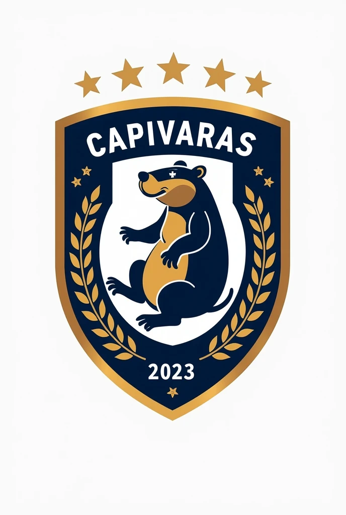 Design a modern and elegant team crest for Capivaras Football Club. The crest should be inspired by the traditional Fluminense Football Club crest, featuring a shield with a similar shape. Use the colors blue, gold, and white to reflect the club's identity. Incorporate elements like a capybara as the central symbol, and include stylized details such as football motifs, stars, or laurel wreaths. The overall design should be balanced, with a mix of classic and contemporary aesthetics, and include the club's name and founding year (2023). The crest should evoke a sense of pride, strength, and tradition, similar to the iconic Fluminense crest.