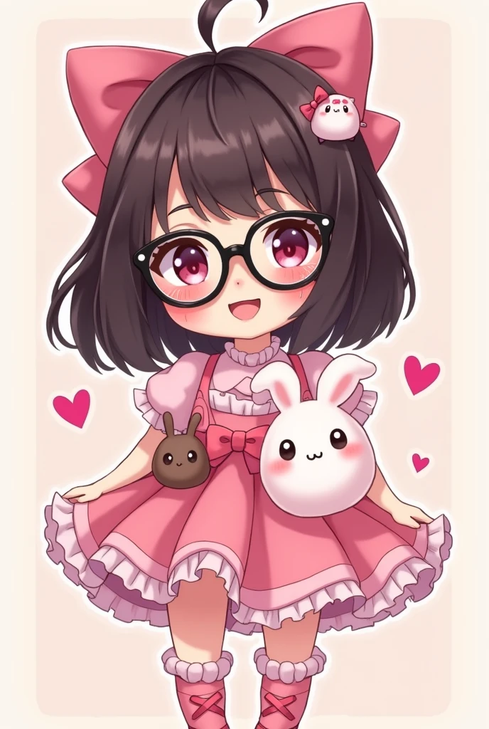 Create a 2D avatar with a pink and adorable outfit, with silky, medium-length, dark brown hair, wearing black glasses and with excessively cute and pink makeup, also add cute accessories like small plushies such as Cinnamoroll