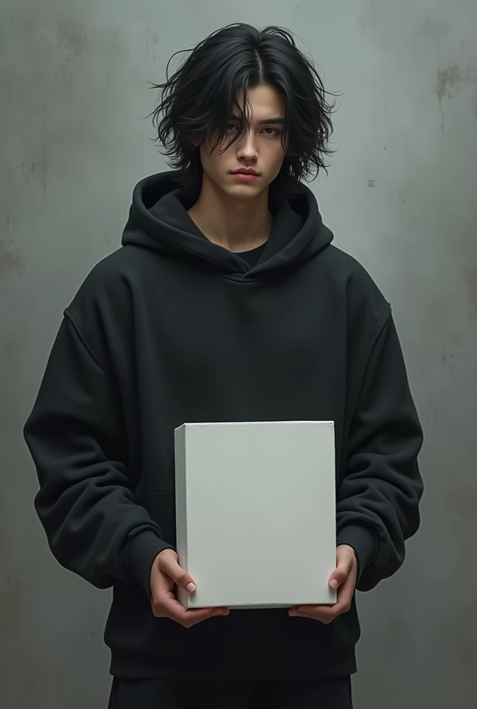  Handsome, muscular teenager
Tall with black, long hair , with black clothes and handsome , with a sad grayish background environment with a blank canvas in his hands
