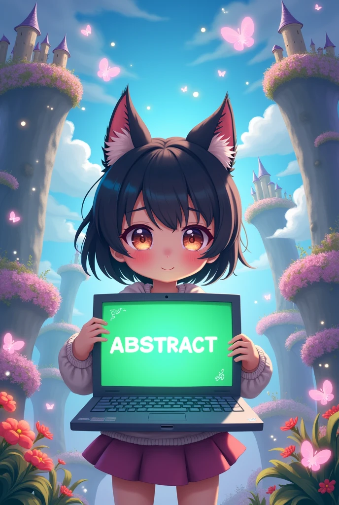 cute anime girl with cat ears holding a pc with the word ABSTRACT on the green screen
in a magical world