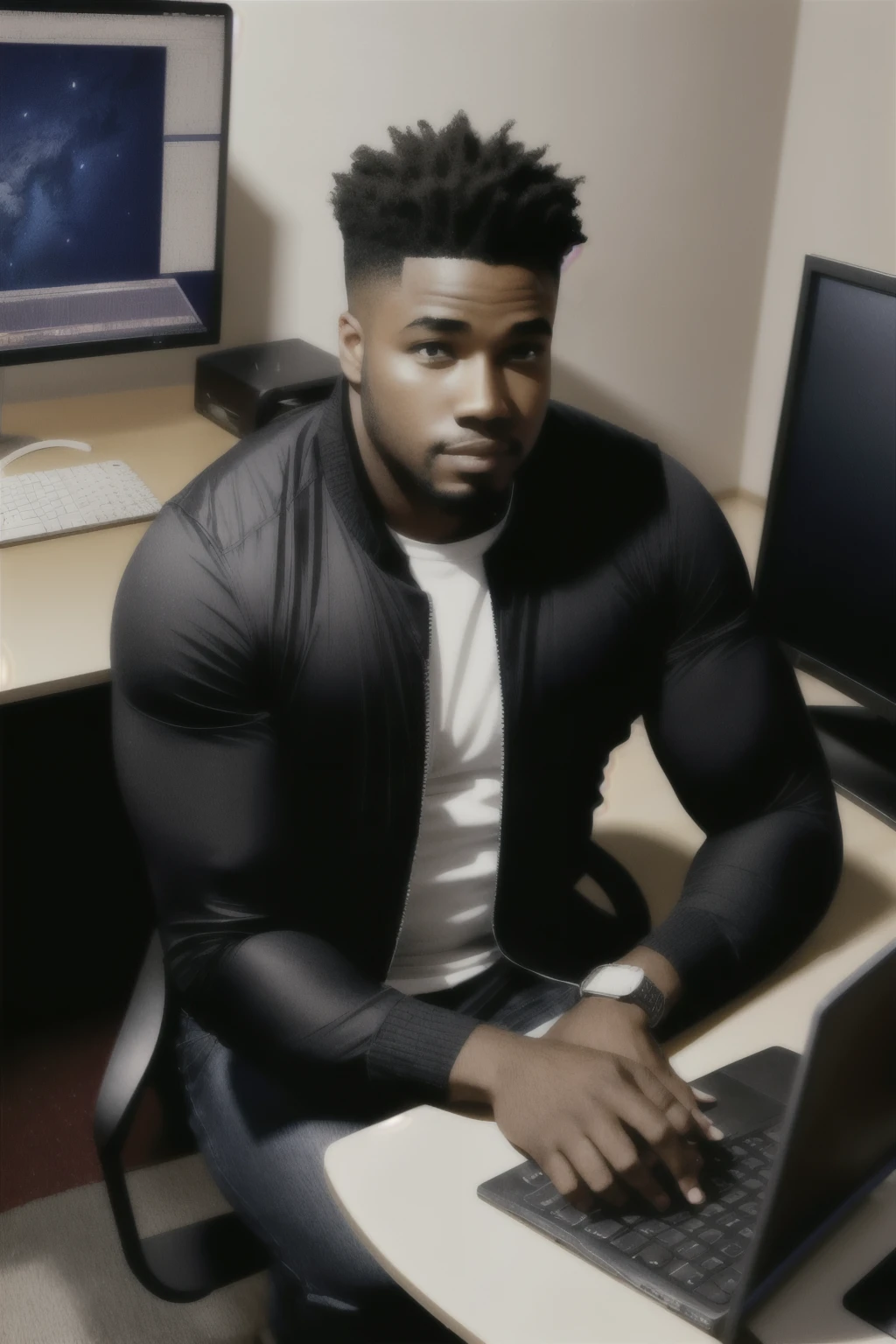 Create a conspiracy theorist persona for me.
Black male.
He's at the computer.
Normal clothes.
Average height and relatively thin build.