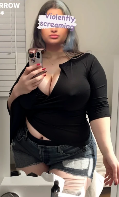 there is a woman taking a selfie in the mirror, 1 7 - year - old goth girl, thicc, she has a jiggly fat round belly, full body picture, outfit photo, 18 years old, middle body shot, Big tits, huge , no clothes, sexy, cute, wide hips, thick thighs, pear-shaped body, minimal clothes, thick, bbw, chubby stomach, thick nipples, large areola, nipples hard through shirt, muscular, strong, thick hips, minimal clothes, low cut v neck shirt with cleavage, fat chubby stomach, bikini, fat round stomach, naked fat stomach, no pants