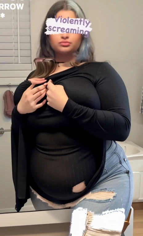 there is a woman taking a selfie in the mirror, 1 7 - year - old goth girl, thicc, she has a jiggly fat round belly, full body picture, outfit photo, 18 years old, middle body shot, Big tits, huge , no clothes, sexy, cute, wide hips, thick thighs, pear-shaped body, minimal clothes, thick, bbw, chubby stomach, thick nipples, large areola, nipples hard through shirt, muscular, strong, thick hips, minimal clothes, low cut v neck shirt with cleavage, fat chubby stomach, bikini, fat round stomach, naked fat stomach, no pants