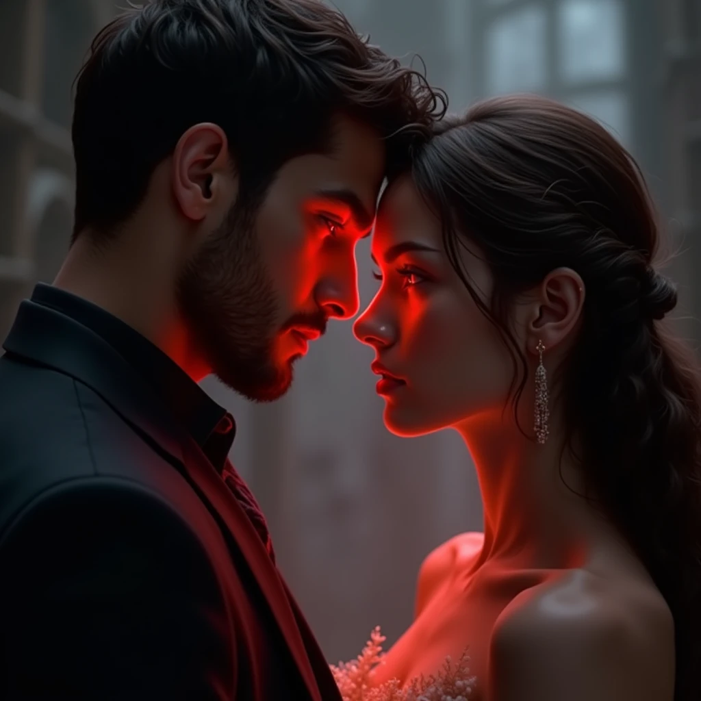 Two looks. A mysterious red of a man. A woman&#39;s other amber. Both full of intensity and desire for each other.