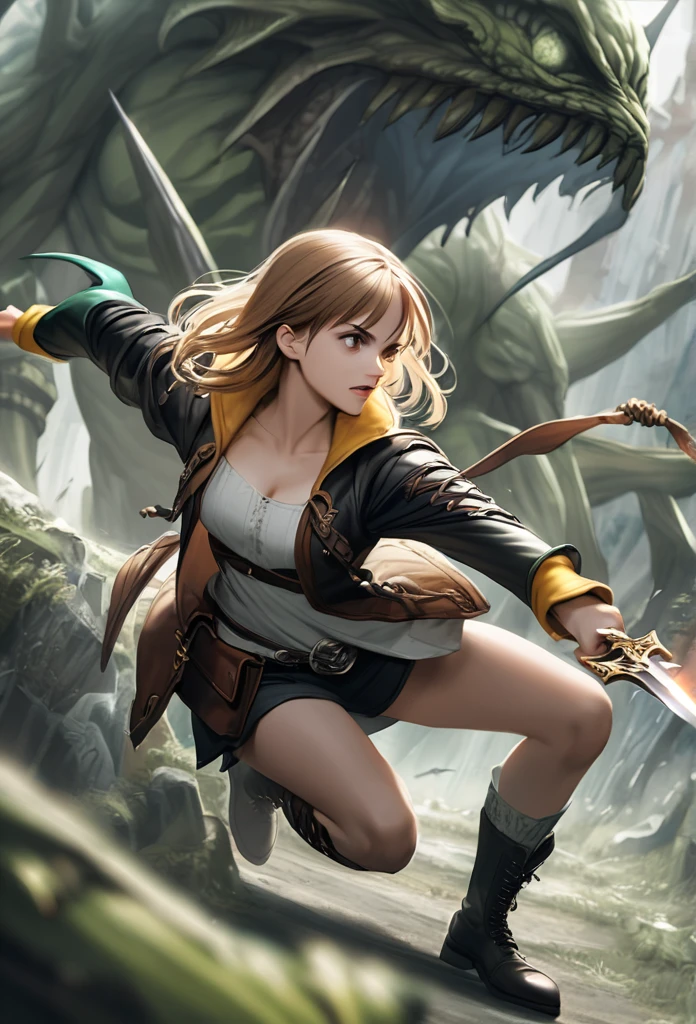 Emma Watson, fantasy rogue, daggers, stabbing monster, combat