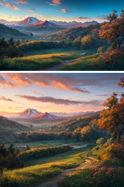 Landscape painting、Rural Scenery、Mountains in the distance、At dusk、