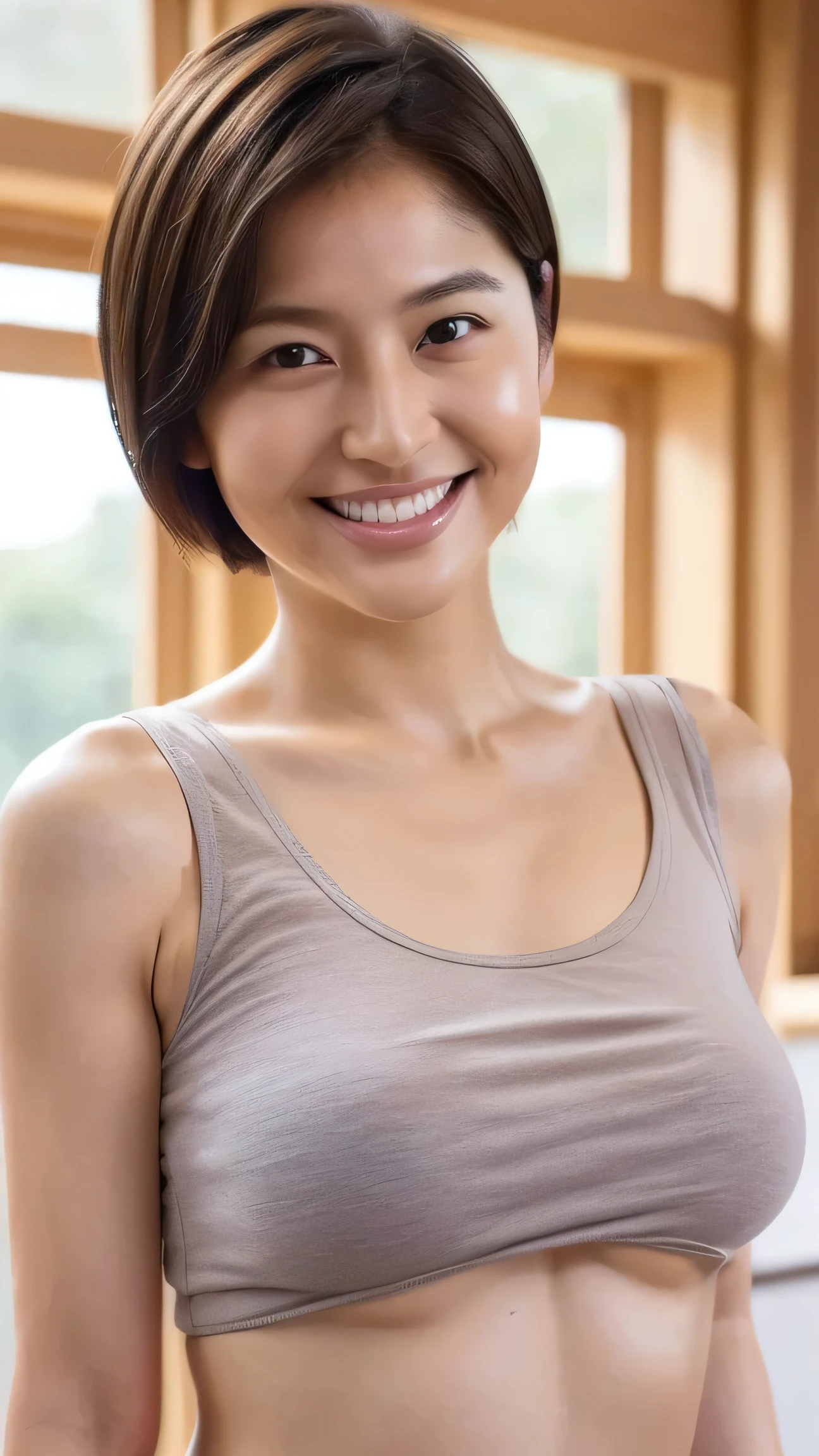 (beautiful),(Age 25), (In 8K), (Cute Japanese Girl:1.3), whole bodyショット, (from the front:1.4), View your viewers, (Tilt your head:1.4), (Photorealistic: 1.4), Ultra-high resolution, Highest quality, Anatomically correct, Natural light, (Ray Tracing:1.2), (Realistic: 1.3), (35mm:1.4), (Smooth lighting: 1.05), Facial lighting, (Bright light: 1.2), (Quality improvement: 1.4), Improving the quality of cinema lighting, Professional Lighting, 32K, 1 female, (Super Short Hair:1.5), Light ash brown hair, Light brown eyes, (Narrow eyes:1.2), (Thin eyebrows:1.2), high cheekbones, (Low Nose筋:1.2), Low Nose, (Small Nose:1.2), Height: 156cm, (Plump body:1.2), F cup breasts, Soft Breasts, (Soft thighs:1.3), Soft belly, (Soft upper arms:1.3), (soft shoulders:1.3), Soft neck, (gray narrow tank top shirt), (Thin navy panties 1.4), (whole body), Smiling with teeth showing, (blush) (Natural skin texture, Fine skin), (morning), School classroom, Wet, (light makeup:1.3), Underbust, shirt, Underarm, Camel Toe
