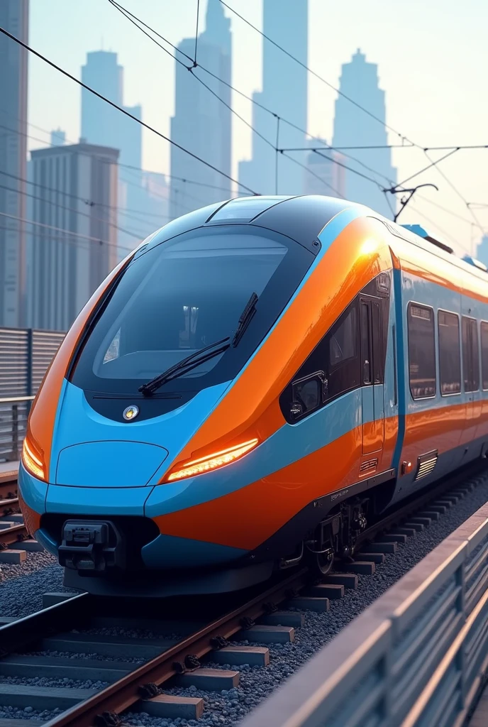 Modern Train with 6 wagons, colors are blue and orange, electric