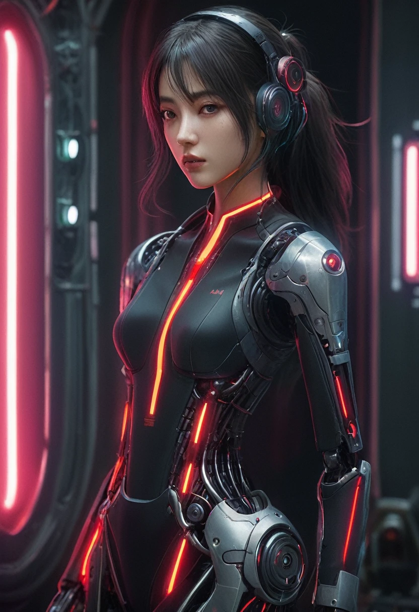 xxmixgirl. Highly detailed professional 35mm film, bokeh, face in sharp focus. A robotic female, Miku, with ((metal skin)), ((perfect Asian eyes)) with magenta irises and ((black pupils)), beautiful serious (detailed face), 18 year old ((photorealistic face)), very long magenta twin tails of magenta hair, twin black hair ties with a single red stripe. She may have a black audio headpiece. We can see her ((full body)) down to her boot soles. Her outfit is a sleeveless collared light grey shirt, outlined in red around the frilled collar and hems. Shiny reflective ((metallic breast cups, dimpleless)), invisible nipples. She wears black sleeves with red hems that start around her upper arm and bellow out as the sleeves open and extend to her wrists, with wide trumpet red rimmed cuffs. She has perfect robotic (detailed hands). She wears a red colored tie with two horizontal solid parallel black lines halfway across. She wears a fabric black skirt with a horizontal red hem at the bottom all the way around; her (((black skirt wraps around her))) and ((her skirt completely covers)) her robotic waist and thighs. Tall black boots with red bottom soles, a red rim around the top at her thighs. Her mechanical shoulder joints are visible. We can see her robotic legs and robotic neck. Half of her is covered with shiny polished machinery. The background is a distant dark neon futuristic Japanese city, gold, cyan, violet neon, near harbor or mountains.