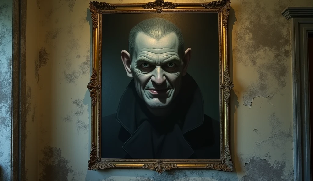 A large, imposing portrait of one of the Whittaker family members, hanging on a wall peeling with paint and cobwebs. The face in the portrait has an expression that changes depending on the angle of the light, appearing to smile sinisterly in certain positions.