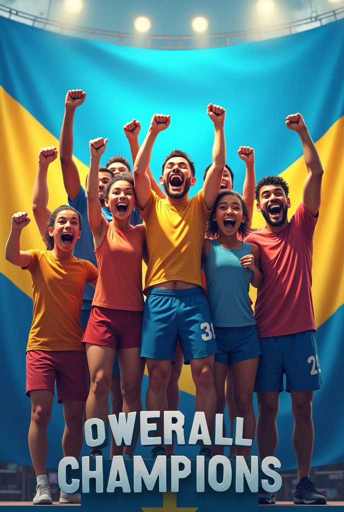 Create an image of multiple athletes celebrating winning the overall championship title with the blue and yellow flag and the name 'Overall Champion'