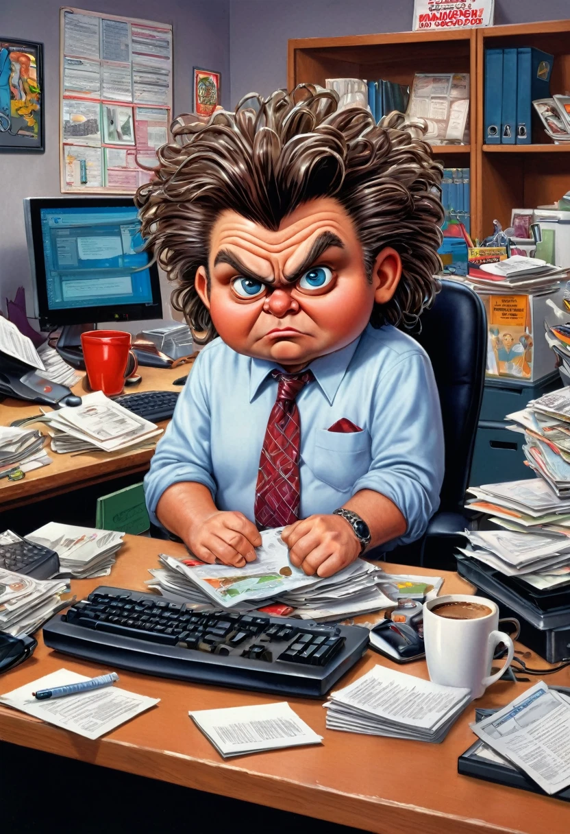 An illustration of a Garbage Pail Kids trading card featuring a quirky, exaggerated depiction of a male computer guy in an office setting, inspired by the 2005 series The Office. The character resembles a comically exaggerated version of one of the show's employees, with an over-the-top, messy appearance. He sits at a cluttered desk overflowing with tangled cables, outdated computer monitors, and coffee-stained paperwork. In one hand, he holds a white coffee mug that prominently reads 'World's Best Boss,' a nod to the iconic mug from the show. On the desk, there's a cluttered ashtray overflowing with cigarette butts, adding to the chaotic scene. His expression is a mix of frustration and mania, with exaggerated features like large, tired eyes and a wild hairstyle. The office background includes humorous details reminiscent of The Office, such as a stapler in Jello, sticky notes, and a chaotic stack of keyboards. The illustration is vibrant and exaggerated, capturing the iconic, slightly gross-out humor typical of Garbage Pail Kids while nodding to the setting and humor of The Office