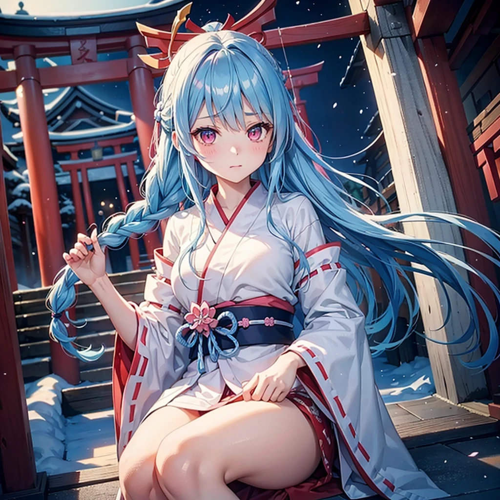 (Tying her sky blue hair into a single braid),(Pink Eyes),Fair skin,whole body,alone,Snowy Night,Drawing a fortune at a temple,torii,Shrine maiden、masterpiece, Highest quality, Very detailed, Best Shadow,Detailed Background,Beautifully detailed face,High Contrast,Best lighting, Very delicate and beautiful,Cinematic Light,Hyper Detail,8k,Dramatic Light,Exquisite detail,