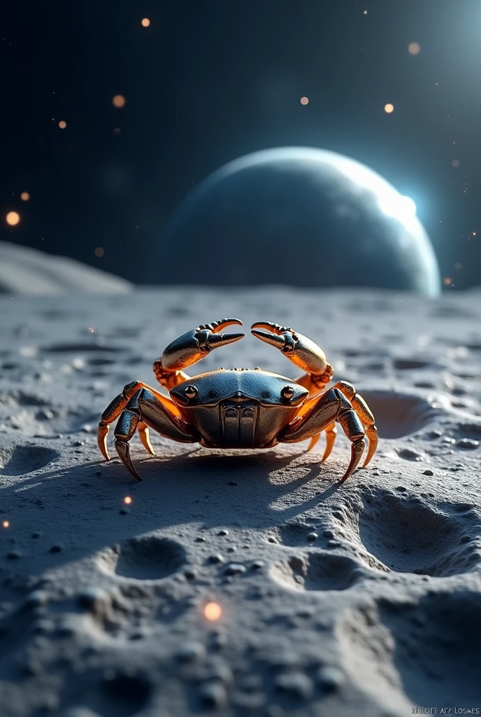 Imagine the surface of the Moon, with its rough texture and detailed craters, illuminated by a soft light that reflects starlight. In the center of the scene, Place a large stylized crab representing the sign of Cancer. This crab may have a silver or golden sheen, that contrast with the gray of the lunar surface. Add cosmic details, like small sparkles and stars around it, to emphasize the lunar environment. Ao fundo, Include a view of deep space and the distant Earth, creating a grand and mysterious scenery.