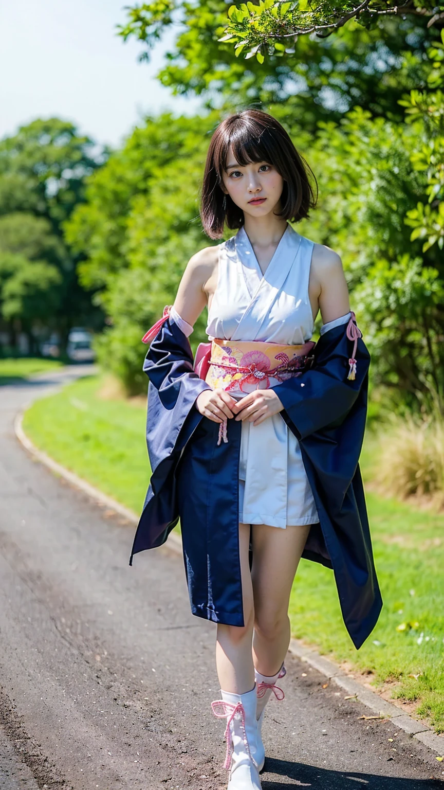 (8k、RAW Photos、Highest quality、masterpiece:1.2)、(Realistic、Realistic)、1 person、((Long-sleeved kimono、white、pink、navy blue、Shoulder visible、Breast enlargement、boots、ribbon、Thin legs、whole body、View from the front、Looking into the camera、Stand with hands on hips))、cute