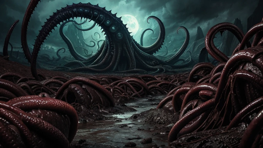 Eldritch horror landscape with writhing flesh, all seeing eyes, toothy maws, lashing tentacles