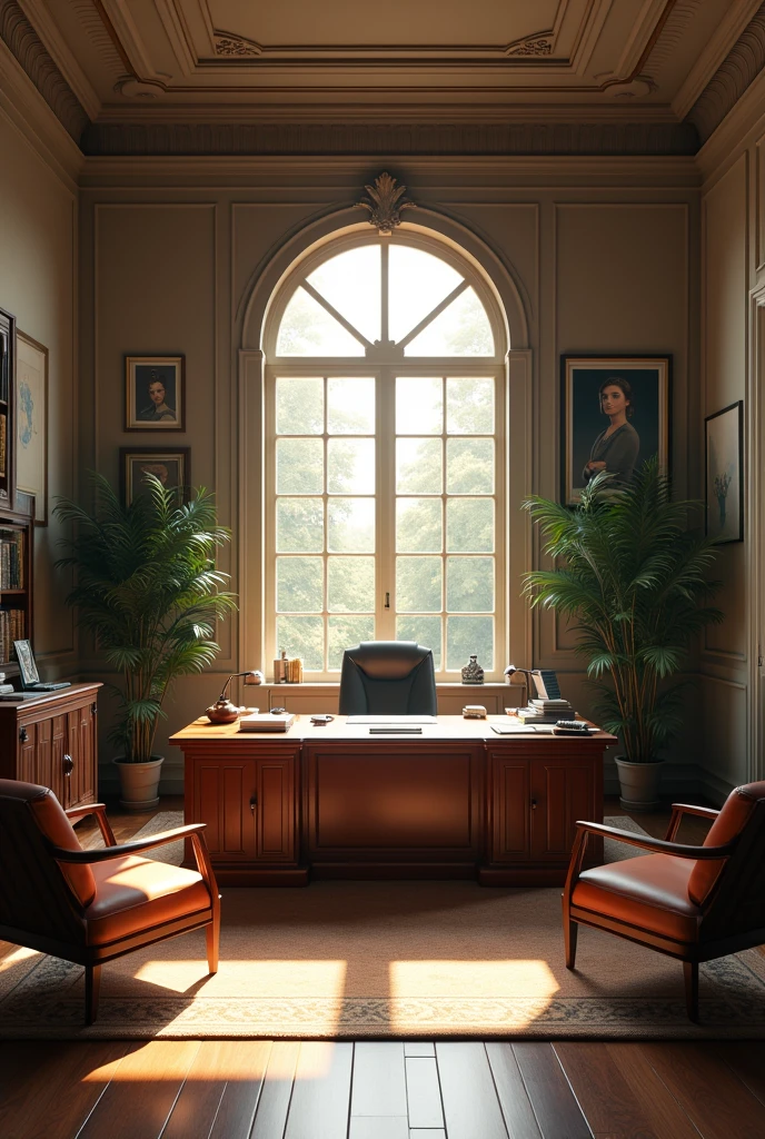 A director's office with a large desk, chairs in front, and a window with natural light filtering in.realisitic,cinematic, 8k