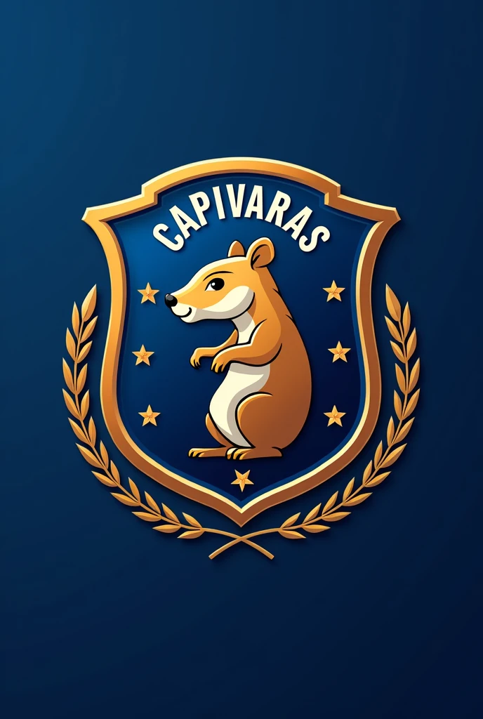 Design a modern and elegant team crest for Capivaras Football Club. The crest should be inspired by the traditional Fluminense Football Club crest, featuring a shield with a similar shape. Use the colors blue, gold, and white to reflect the club's identity. Incorporate elements like a capybara as the central symbol, and include stylized details such as football motifs, stars, or laurel wreaths. The overall design should be balanced, with a mix of classic and contemporary aesthetics, and include the club's name and founding year (2023). The crest should evoke a sense of pride, strength, and tradition, similar to the iconic Fluminense crest.