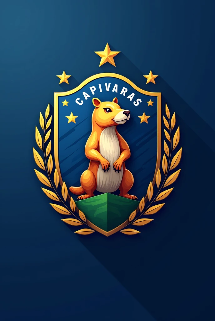 Design a modern and elegant team crest for Capivaras Football Club. The crest should be inspired by the traditional Fluminense Football Club crest, featuring a shield with a similar shape. Use the colors blue, gold, and white to reflect the club's identity. Incorporate elements like a capybara as the central symbol, and include stylized details such as football motifs, stars, or laurel wreaths. The overall design should be balanced, with a mix of classic and contemporary aesthetics, and include the club's name and founding year (2023). The crest should evoke a sense of pride, strength, and tradition, similar to the iconic Fluminense crest.
