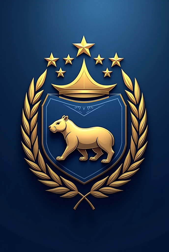 Design a modern and elegant team crest for Capivaras Football Club. The crest should be inspired by the traditional Fluminense Football Club crest, featuring a shield with a similar shape. Use the colors blue, gold, and white to reflect the club's identity. Incorporate elements like a capybara as the central symbol, and include stylized details such as football motifs, stars, or laurel wreaths. The overall design should be balanced, with a mix of classic and contemporary aesthetics, and include the club's name and founding year (2023). The crest should evoke a sense of pride, strength, and tradition, similar to the iconic Fluminense crest.
