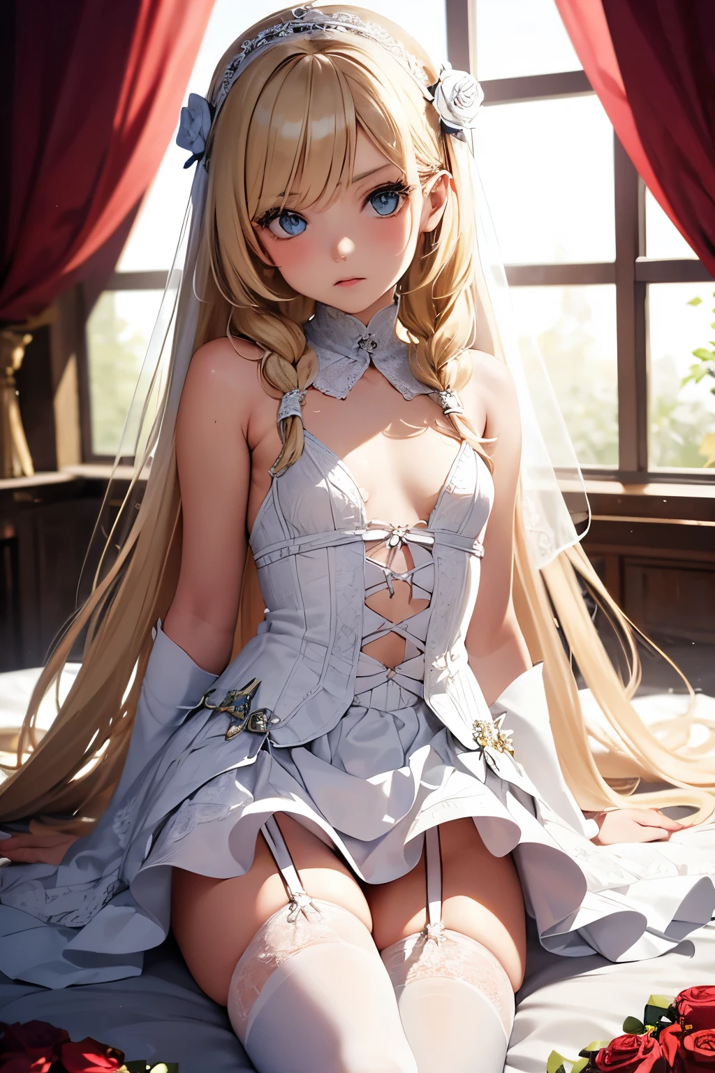  ((best quality)), ((masterpiece)), (detailed), NSFW, small breasts, prominent collarbones, skinny arms, flat stomach, visible hip bones, long hair, red hair, white hair, blonde hair, dark hair, ponytail, thick ponytail, heavy ponytail, NSFW Fluttering lace frilly petticoats, pleated petticoats 