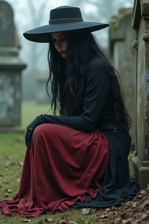 Pombagira Maria rag of souls, works in the cemetery. Wear a round black hat, boho style that covers the eyes, black and dark red rag skirt, long, disheveled black hair, lowered/squat
