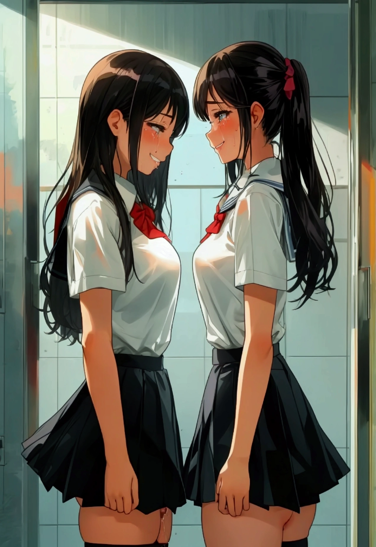 1girl, 1guy, (anal sex), (Clothed sex), Panties are pulled down to the knees, looking back, She rests her hands and elbows against the wall while enduring the anal penetration., The skirt was pulled up, Standing back posture, her crying, bare thighs, High Knee Socks, Love juice is dripping from her pussy, School toilets, Abnormal anal sex in a toilet stall, torogao smiling,