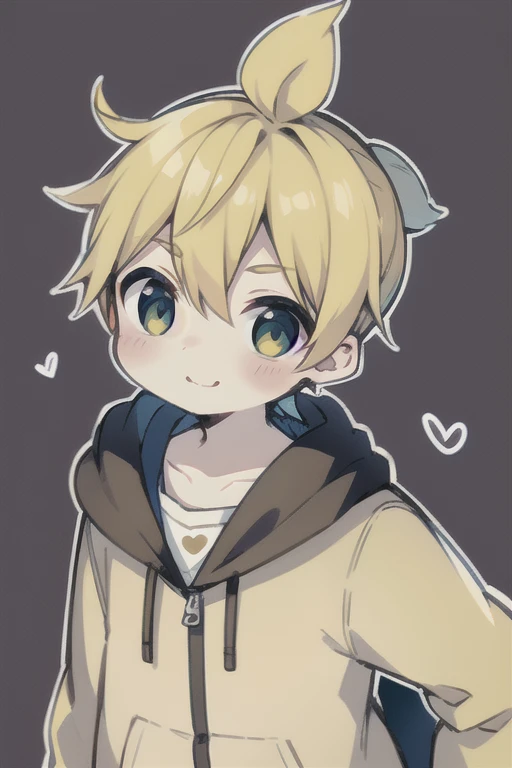 Highest quality, (high quality),eye highlights,arms are thin, thin body,put both hands on cheeks,face,from front,(portrait),((very short hair)),look at viewer,droopy eyes,smile,Pouting mouth,open your mouth and laugh,(((chilled boy))), (1 boy),kagamine len,yellow hair, spiked_hair,ponytail hair,parka,illustration,anime style,heart background,