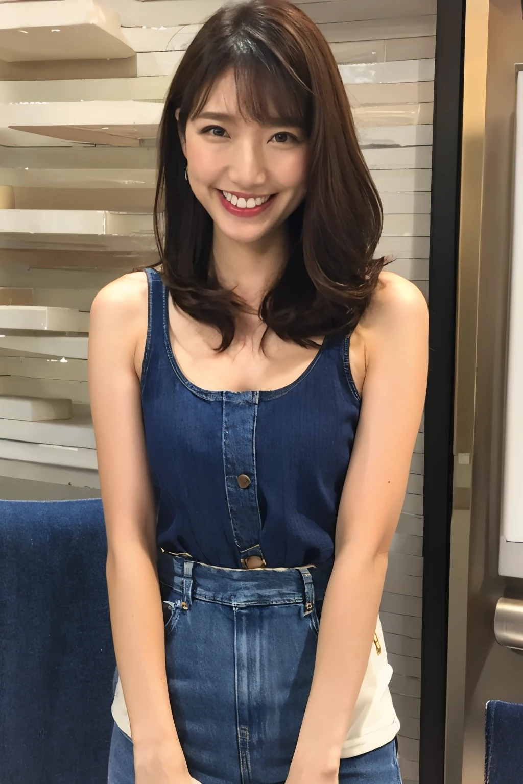 Beautiful 30 year old woman、Brown Hair、With bangs、smile、Beautiful breasts、Sexy body、Red tank top、Blue denim shorts、Standing in the city