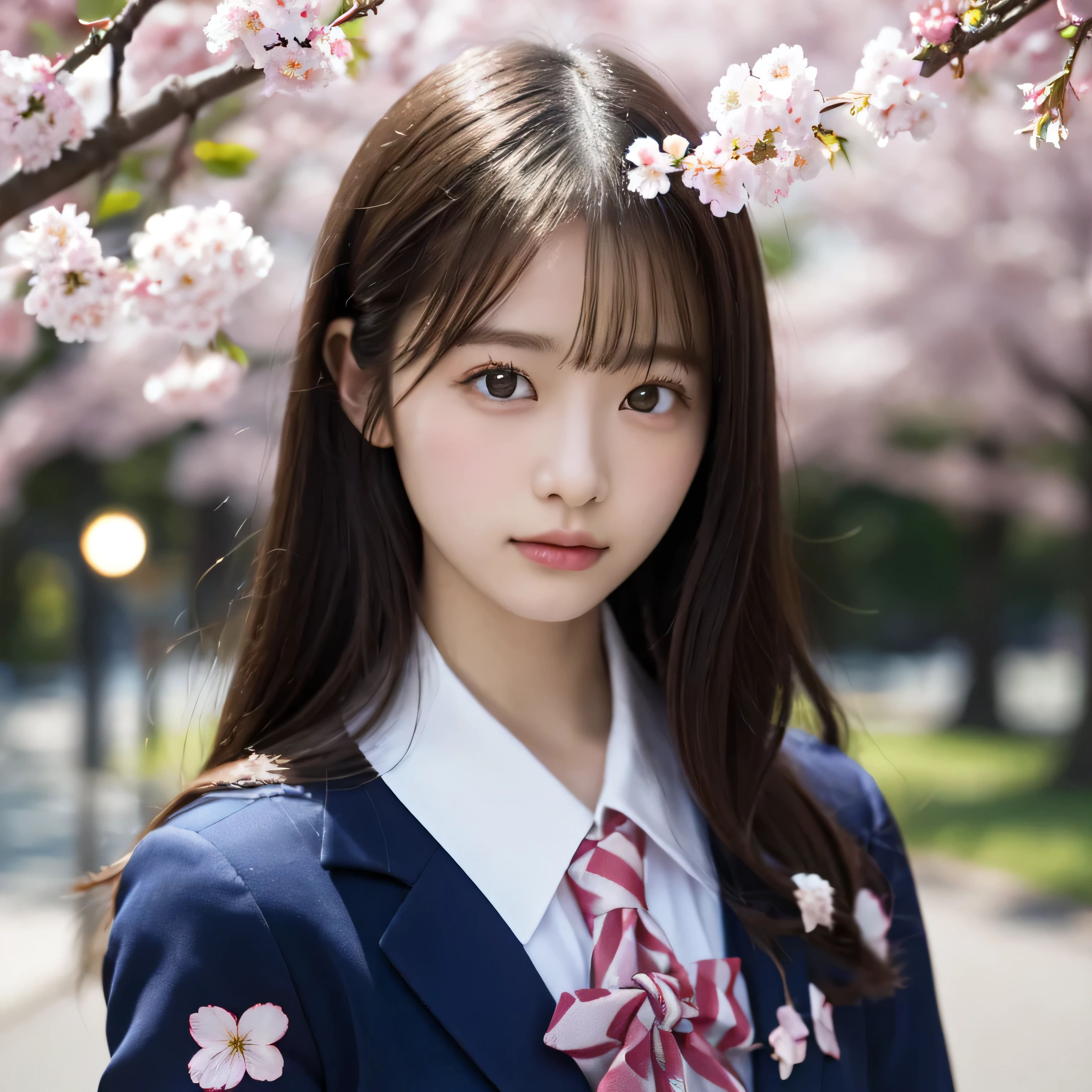 Graduation Ceremony、high school girl、uniform 、Navy Blue Blazer、Cherry tree in full bloom、Cherry blossom confetti、Perfect Proportions、cute、((18-year-old female:1.2))、Young and adorable Japanese face,Official Art,Highly detailed CG Unity 8K wallpapers,(masterpiece:1.0),(Highest quality:1.0), 超High resolution,4K,Very detailed, photo shoot, 8k, Hmph, High resolution, Kodak Portrait 400, Film Grain, Lens Flare Glow,高いest quality,8k,Hmph:1.2),Portrait Shot,8k、Show Viewer