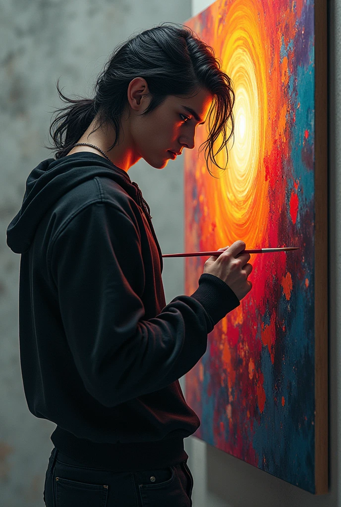  Handsome, muscular teenager
Tall with black, long hair , with black clothes and handsome , With a sad grayish background in his hands he paints a very colorful and beautiful picture