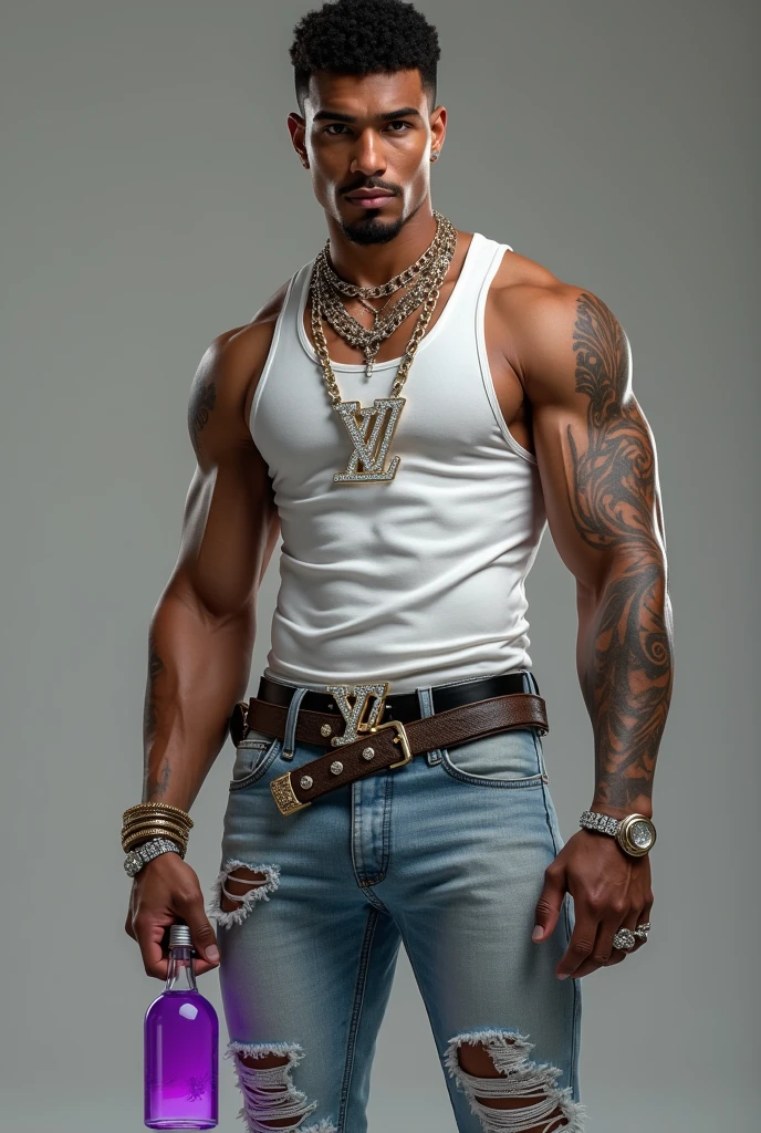 Create for me a guy with US drip style with a Louis Vuitton belt, a white tank top, and skinny jeans with diamond-studded teeth. Around his neck, an Ice chain with a purple codeine bottle in his hand, showing it to the camera. The same guy with a white tank top, smiling at the camera with diamond-studded teeth, holding a codeine bottle, wearing grills.