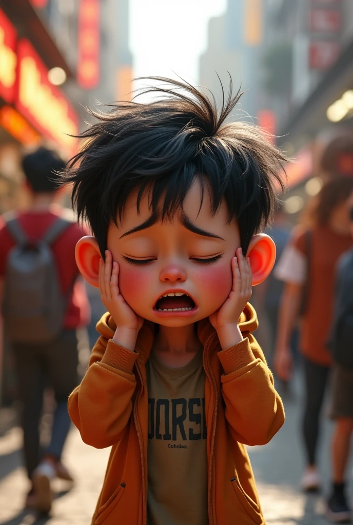 Cartoon Pixar character with very short hair, autistic, crying and covering their ears, distressed by the noise made by people 