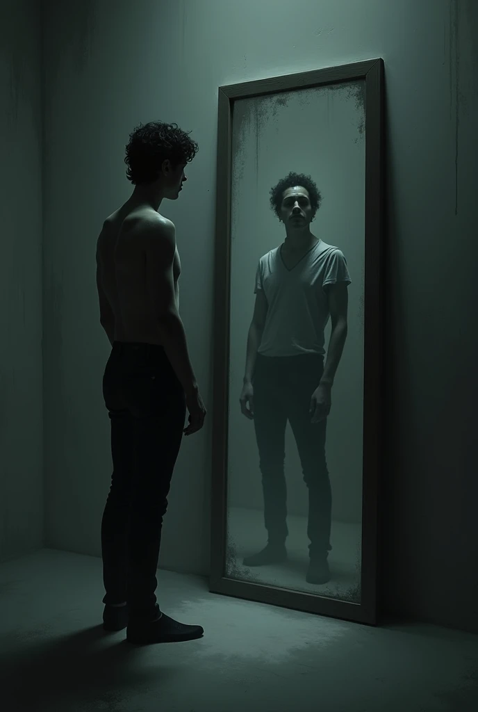 At night, a Victorian house with a window, through the window you can see the most beautiful young blond man in England, standing looking at his perfect body in a large mirror and smiling proudly, behind the mirror the silhouette of a being shaped like a satyr, red eyes and fangs holding a scale looking at the young man with contempt