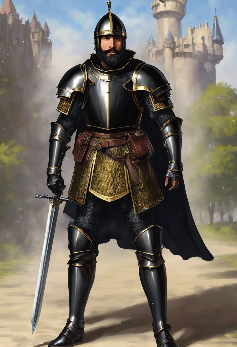 an adult, short beard, about 180 cm, slightly brown skin, dressed as a black knight
