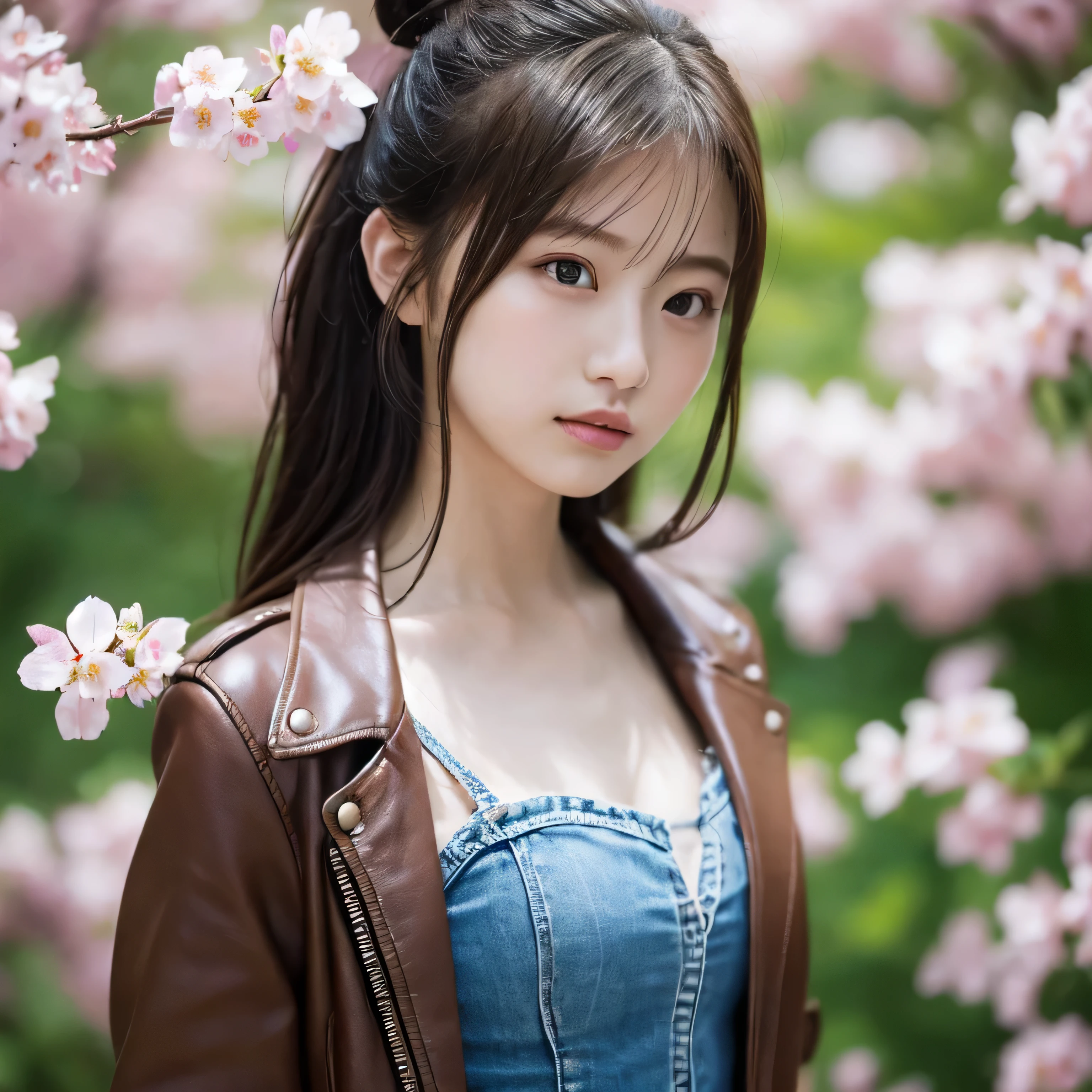 Graduation Ceremony、high school girl、uniform 、 ((Hair Bun:1.3,lewisleathers doubleriderjacket,white camisole、Denim hot pants、Expressionless、Beautiful Japanese Women、cute、Small breasts))、Cherry tree in full bloom、Cherry blossom confetti、Perfect Proportions、cute、((18-year-old female:1.ung and adorable Japanese face,Official Art,Highly detailed CG Unity 8K wallpapers,(masterpiece:1.0),(Highest quality:1.0), 超High resolution,4K,Very detailed, photo shoot, 8k, Hmph, High resolution, Kodak Portrait 400, Film Grain, Lens Flare Glow,高いest quality,8k,Hmph:1.2),Portrait Shot,8k、Show Viewer