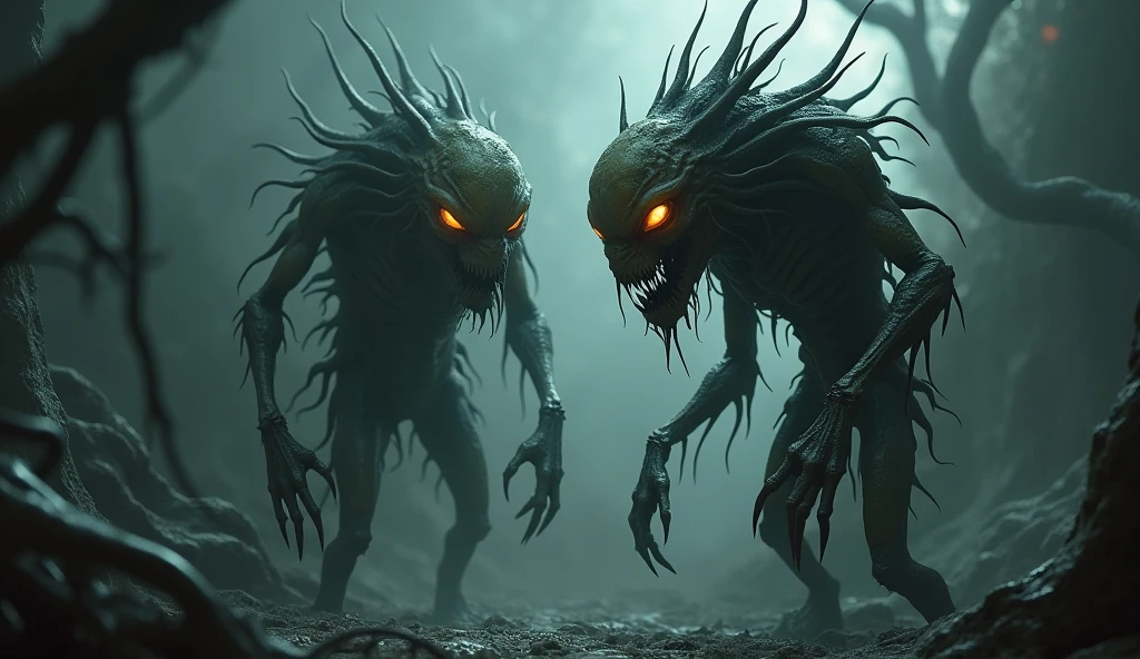 Two non-human, creepy creatures. Creepy with its background and appearance.