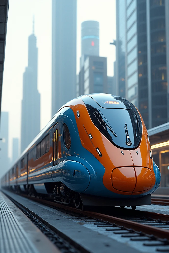 Futuristic Train Train with 6 wagons, colors are blue and orange, electric