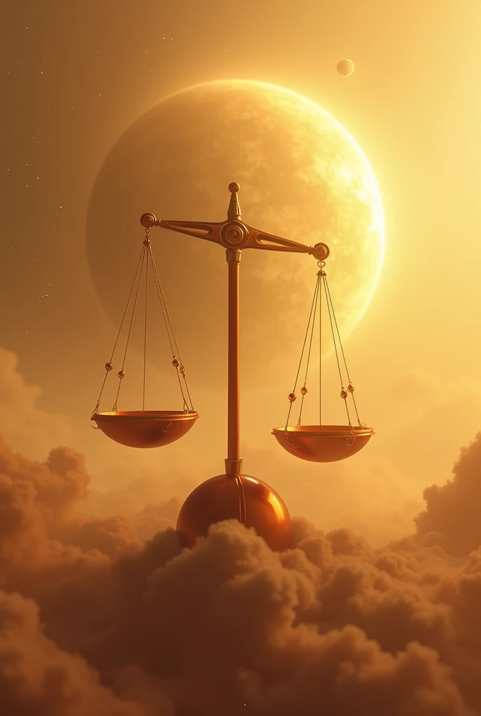 Visualize the planet Venus with its dense, yellowish atmosphere, with thick clouds of acidic gases creating a soft, diffuse glow. En el centro de la imagen, position a stylized balance scale, representing the Libra sign. The scale can be floating in space, with a futuristic design that contrasts with the opaque appearance of Venus. The background can include a hazy sky with shades of orange and yellow, reflecting the atmosphere of the planet. Add details like twinkling stars and the soft light that shines through Venus's clouds to create a sense of mystery and elegance.