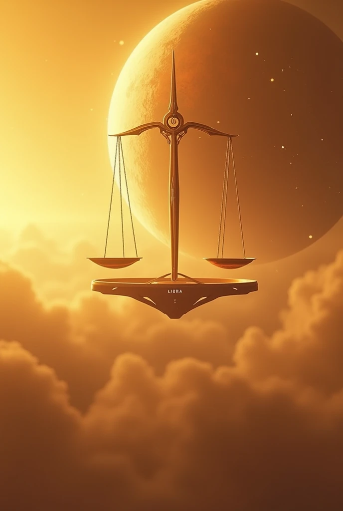 Visualize the planet Venus with its dense, yellowish atmosphere, with thick clouds of acidic gases creating a soft, diffuse glow. En el centro de la imagen, position a stylized balance scale, representing the Libra sign. The scale can be floating in space, with a futuristic design that contrasts with the opaque appearance of Venus. The background can include a hazy sky with shades of orange and yellow, reflecting the atmosphere of the planet. Add details like twinkling stars and the soft light that shines through Venus's clouds to create a sense of mystery and elegance.